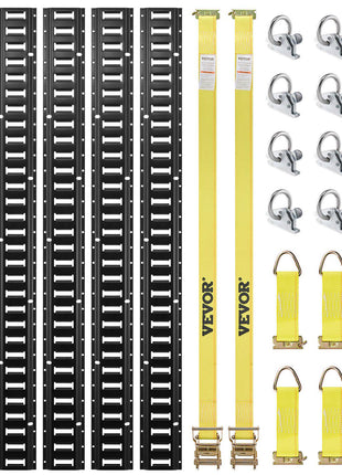 E Track Tie-Down Rail Kit, 18PCS 5' E-Tracks Set Includes 4 Steel Rails & 8 O-Ring Anchors & 4 Tie-Offs with D-Ring & 2 Ratchet Straps, Securing Accessories for Cargo Motorcycles Bikes, 2000 lbs