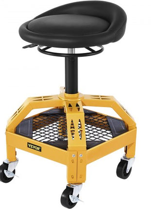 Rolling Garage Stool, 300LBS Capacity, Adjustable Height from 24 in to 28.7 in, Mechanic Seat with 360-degree Swivel Wheels and Tool Tray, for Workshop, Auto Repair Shop, Yellow