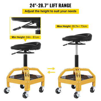 Rolling Garage Stool, 300LBS Capacity, Adjustable Height from 24 in to 28.7 in, Mechanic Seat with 360-degree Swivel Wheels and Tool Tray, for Workshop, Auto Repair Shop, Yellow