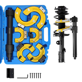 Durable yellow and black automotive strut spring compressor kit in blue case for efficient car repairs.