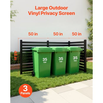 3 Panels Outdoor Privacy Screen, 50 x 48 in Air Conditioner Fence with 27.6 in Ground Stakes, Pool Equipment Enclosure, Vinyl Privacy Fence, Ideal for Trash Can and A/C Units, Black