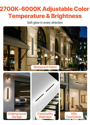 Outdoor Wall Lights, 2 Pack, 23.6 Inch Long Strip Modern Exterior Wall Sconce Light Fixtures, 2700K-6000K, IP65 Waterproof Anti-Rust, Dimmable Outside Wall Mount Lighting, for House Porch Garage
