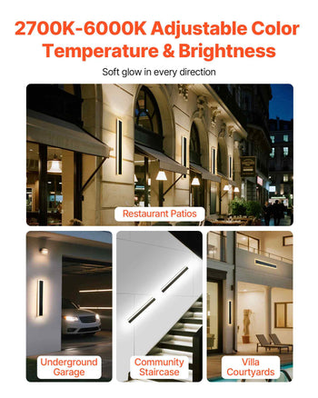Outdoor Wall Lights, 2 Pack, 23.6 Inch Long Strip Modern Exterior Wall Sconce Light Fixtures, 2700K-6000K, IP65 Waterproof Anti-Rust, Dimmable Outside Wall Mount Lighting, for House Porch Garage