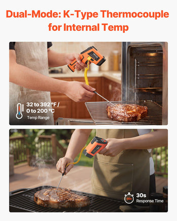 Infrared Thermometer, -22℉ to 2192℉ Dual-Mode IR Thermometer Gun with K-Type Thermocouple, Dual Laser Heat Temperature Gun Non-Contact for Cooking/Griddle/Engine/Industrial Use (Not for Human)
