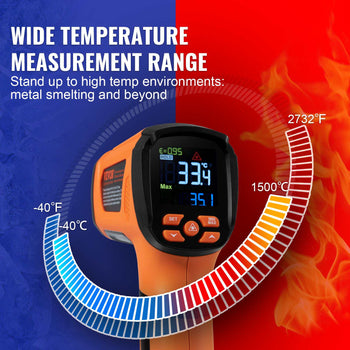 Infrared thermometer with orange casing and digital display, measuring temperatures from -40°F to 2732°F, suitable for high temps.