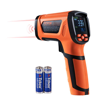 Orange VEVOR infrared thermometer with digital display; includes two AA batteries for easy use.
