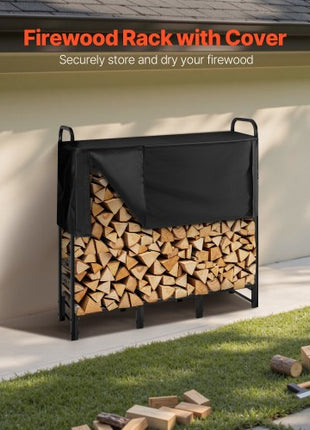Firewood Rack with Waterproof Cover, 4 ft Outdoor Firewood Holder, 1/4 Cord Storage Metal Log Holder, 400lb Max Weight Capacity, Top Covered, Powder-Coated Wood Storage Rack for Fireplace Deck