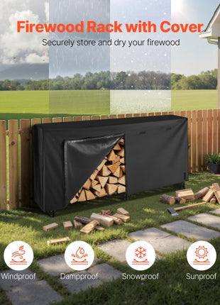 Firewood Rack with Waterproof Cover, 8 ft Outdoor Firewood Holder, 1/2 Cord Storage Metal Log Holder, 660lb Max Weight Capacity, Top Covered, Powder-Coated Wood Storage Rack for Fireplace Deck