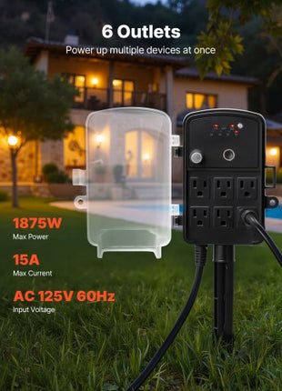 Outdoor Power Stake, 50FT Extension Cord, Outdoor Power Strip Weatherproof with Cover, Remote Control Dusk to Dawn Light Timer Waterproof, 6 Outlets, 1875W/15A, for Christmas Lights, Garden
