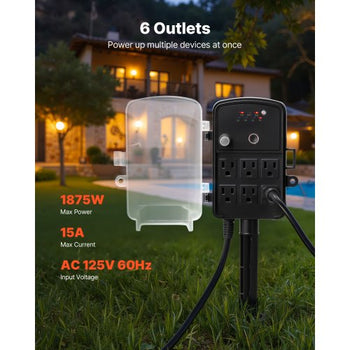 Outdoor Power Stake, 50FT Extension Cord, Outdoor Power Strip Weatherproof with Cover, Remote Control Dusk to Dawn Light Timer Waterproof, 6 Outlets, 1875W/15A, for Christmas Lights, Garden