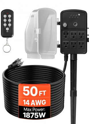 Outdoor Power Stake, 50FT Extension Cord, Outdoor Power Strip Weatherproof with Cover, Remote Control Dusk to Dawn Light Timer Waterproof, 6 Outlets, 1875W/15A, for Christmas Lights, Garden