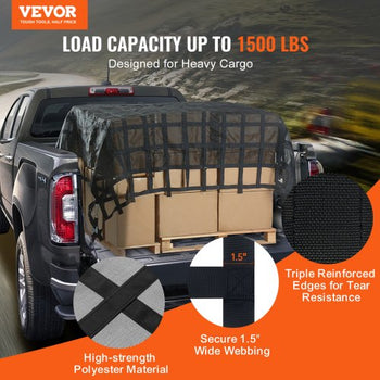 Cargo Net, 120 in x 105 in, Heavy Duty Truck Cargo Net for Truck Bed, 4 Adjustable Straps with Carabiners & S-Hooks, Wear-resistant & Weather-proof, Suitable for Pickup, Truck, Jeep, SUV, Boat