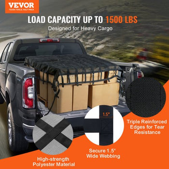 Cargo Net, 96 in x 81 in, Heavy Duty Truck Cargo Net for Truck Bed, 4 Adjustable Straps with Carabiners & S-Hooks, Wear-resistant & Weather-proof, Suitable for Pickup, Truck, Jeep, SUV, Boat