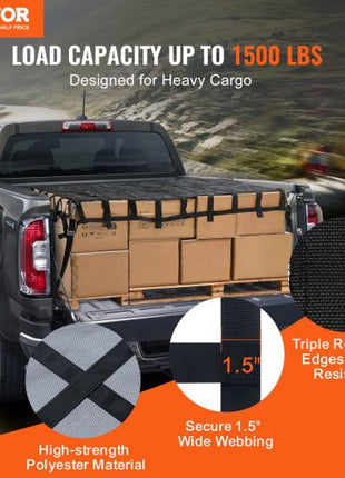 Cargo Net, 72 in x 57 in, Heavy Duty Truck Cargo Net for Truck Bed, 4 Adjustable Straps with Carabiners & S-Hooks, Wear-resistant & Weather-proof, Suitable for Pickup, Truck, Jeep, SUV, Boat