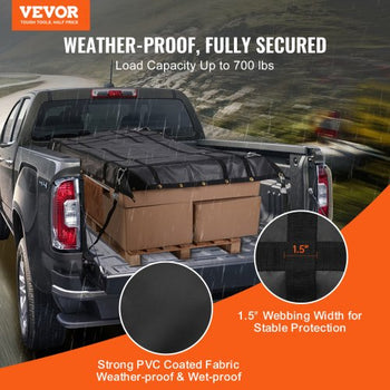 Cargo Net, 72 in x 57 in, Heavy Duty Truck Cargo Net for Truck Bed, 4 Adjustable Straps with Carabiners and Rubber Coated Hooks, Durable, Suitable for Pickup, Jeep, Truck, SUV, Boat (Black)