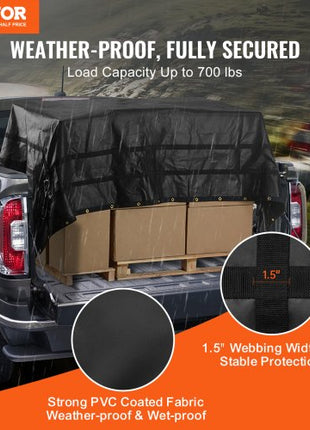 Cargo Net, 120 in x 105 in, Heavy Duty Truck Cargo Net for Truck Bed, 4 Adjustable Straps with Carabiners and Rubber Coated Hooks, Durable, Suitable for Pickup, Jeep, Truck, SUV, Boat (Black)
