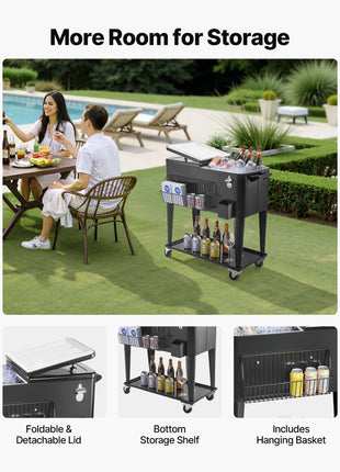80 Quart Rolling Ice Chest, Holds up to 50 Bottles / 110 Cans, Portable Patio Party Bar Drink Cooler Cart with Bottom Shelf, Beverage Pool with Side Basket and Bottle Opener, Black