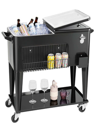 80 Quart Rolling Ice Chest, Holds up to 50 Bottles / 110 Cans, Portable Patio Party Bar Drink Cooler Cart with Bottom Shelf, Beverage Pool with Side Basket and Bottle Opener, Black