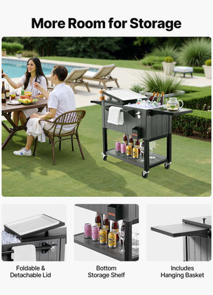 80QT Rolling Ice Chest, Holds up to 50 Bottles / 110 Cans, Portable Patio Party Bar Drink Cooler Cart with Bottom Shelf & Foldable Side Shelves, Beverage Pool with Swivel Wheels & Bottle Opener