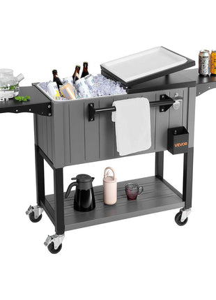 80QT Rolling Ice Chest, Holds up to 50 Bottles / 110 Cans, Portable Patio Party Bar Drink Cooler Cart with Bottom Shelf & Foldable Side Shelves, Beverage Pool with Swivel Wheels & Bottle Opener