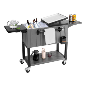 80QT Rolling Ice Chest, Holds up to 50 Bottles / 110 Cans, Portable Patio Party Bar Drink Cooler Cart with Bottom Shelf & Foldable Side Shelves, Beverage Pool with Swivel Wheels & Bottle Opener