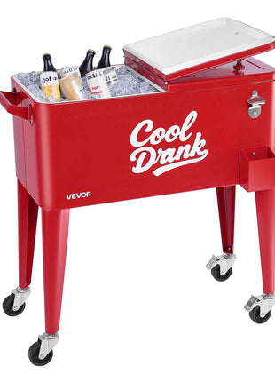 80 Quart Rolling Ice Chest, Holds up to 50 Bottles / 110 Cans, Portable Patio Party Bar Drink Cooler Cart with 4 Swivel Casters (2 with Brakes), Beverage Cooler Trolley with Bottle Opener, Red