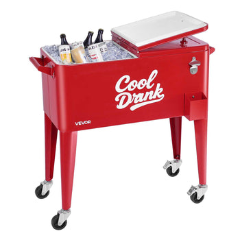 80 Quart Rolling Ice Chest, Holds up to 50 Bottles / 110 Cans, Portable Patio Party Bar Drink Cooler Cart with 4 Swivel Casters (2 with Brakes), Beverage Cooler Trolley with Bottle Opener, Red