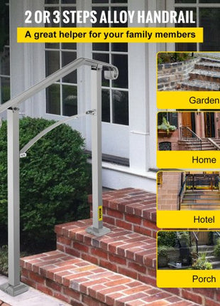 Outdoor Stair Railing, Fit 2 or 3 Steps Alloy Metal Handrailing, Front Porch Flexible Transitional Handrail, Arch Step Rail with Installation Kit, for Concrete or Wooden Stairs, Silver