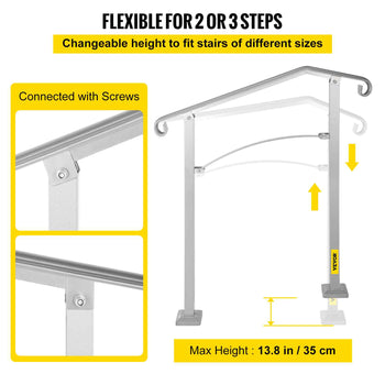 Outdoor Stair Railing, Fit 2 or 3 Steps Alloy Metal Handrailing, Front Porch Flexible Transitional Handrail, Arch Step Rail with Installation Kit, for Concrete or Wooden Stairs, Silver