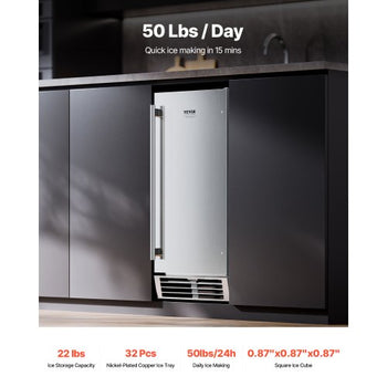 Undercounter Built-in Ice Maker, 50 Lbs/Day Under Counter Ice Maker Machine with Reversible Door Stainless Steel, Freestanding Ice-Making Machine for Restaurant, Outdoor Kitchen, Terrace, Pool