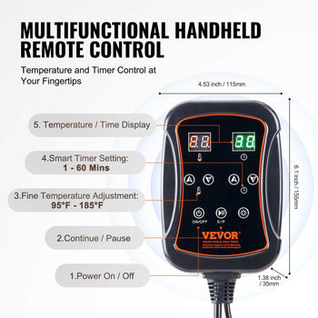 Black multifunctional handheld remote control with orange accents, featuring temperature and timer display.