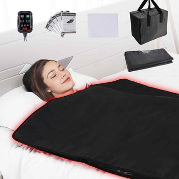 Black heated blanket with red trim, soft material, includes controller, storage bag, and user manual, perfect for cozy warmth.