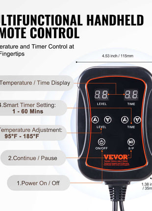 Vevor multifunctional handheld remote control with LED display, black plastic, temperature/timer settings up to 185°F.