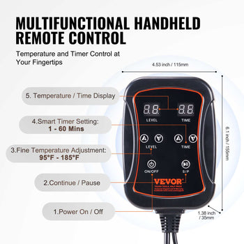 Vevor multifunctional handheld remote control with LED display, black plastic, temperature/timer settings up to 185°F.