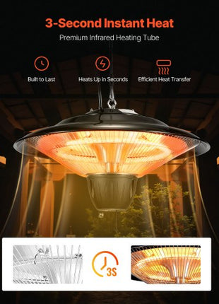 Hanging Patio Heater, 1500W Electric Space Infrared Heater, IP34 Protection with 23.6 inch Pull Cord & Adjustable Chain, for Porch,Patio,Dining Room,Studio Outdoor/Indoor