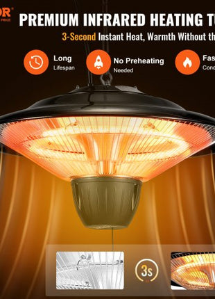 Hanging Patio Heater, 1500W Outdoor/Indoor Electric Space Infrared Heater, IP34 Protection Ceiling Heater with 23.6 inch Pull Cord & 20 inch Adjustable Chain, for Porch,Patio,Dining Room,Studio