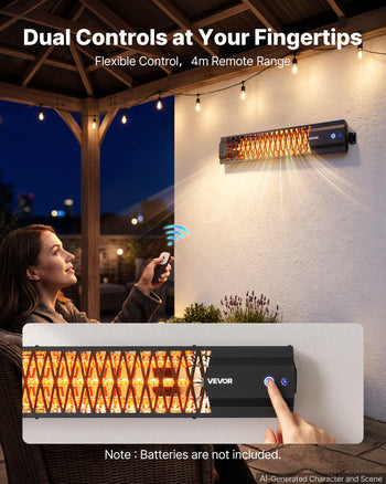 Infrared Heater 1500W Electric Space Heater for Outdoor Use Black, Remote, Panel & Side Switch Control, Cold-Rolled Steel, Easy Installation, Even Warmth for Patios, Backyards, Balconies