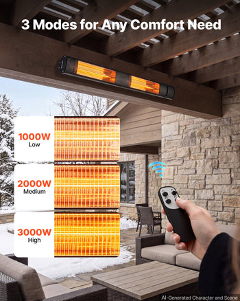 Infrared Heater 3000W Electric Space Heater for Outdoor Use Black, Remote & Mechanical Switch Control, 3 Heat Settings, Aluminum Alloy & Cold-Rolled Steel, for Patios, Backyards, Balconies