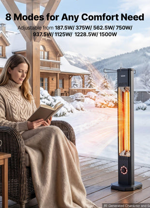 Infrared Heater 1500W Electric Space Heater 8 Heat Settings Black, with Remote Control for Outdoor Use, 8H Timer, Overheat Protection, Cold-Rolled Steel, for Patios, Backyards, and Balconies