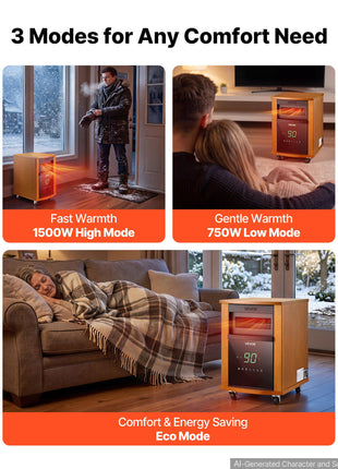 Infrared Heater 1500W Electric Space Heater with Remote Control, 3 Heat Settings, 12H Timer, Overheat Shutoff, Portable Wheels, Premium MDF, for Indoor Bedrooms, Offices, Studies, Light Wood