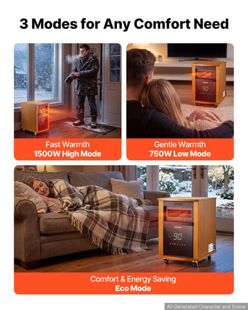 Infrared Heater 1500W Electric Space Heater with Remote Control, 3 Heat Settings, 12H Timer, Overheat Shutoff, Portable Wheels, Premium MDF, for Indoor Bedrooms, Offices, Studies, Light Wood