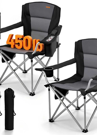 Oversized Camping Chairs, 450 lbs Heavy Duty Support, Portable Folding Camp Chairs with Padded Backrest & Armrests, Cup Holder & Side Pocket, Cooler Bag, Carry Bags for Outdoor, Fishing, 2 Pack