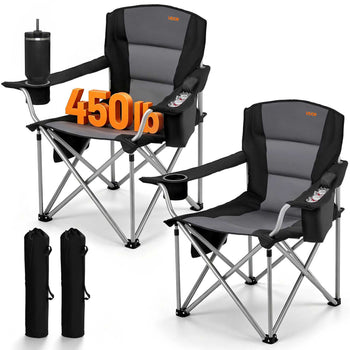 Oversized Camping Chairs, 450 lbs Heavy Duty Support, Portable Folding Camp Chairs with Padded Backrest & Armrests, Cup Holder & Side Pocket, Cooler Bag, Carry Bags for Outdoor, Fishing, 2 Pack