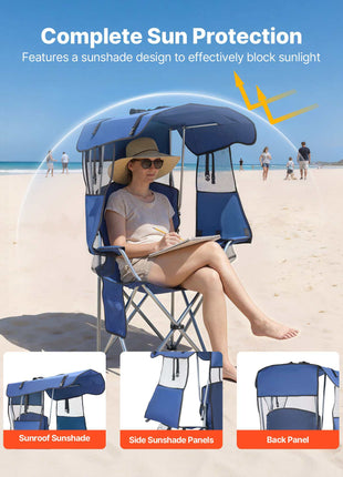 Camping Chair with Canopy Shade, Folding Beach Chair with Canopy & Magazine Pocket, 2 Cup Holders, 330 lbs Heavy Duty Support, Carry Bags for Outdoor, Camp, Fishing, Tailgates, Deep Blue