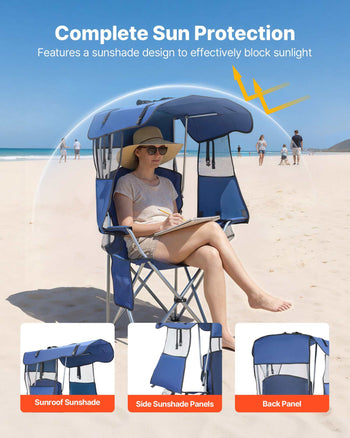 Camping Chair with Canopy Shade, Folding Beach Chair with Canopy & Magazine Pocket, 2 Cup Holders, 330 lbs Heavy Duty Support, Carry Bags for Outdoor, Camp, Fishing, Tailgates, Deep Blue