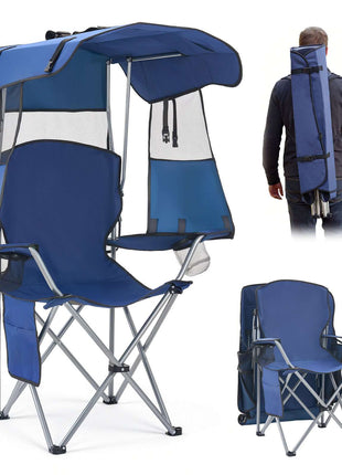 Camping Chair with Canopy Shade, Folding Beach Chair with Canopy & Magazine Pocket, 2 Cup Holders, 330 lbs Heavy Duty Support, Carry Bags for Outdoor, Camp, Fishing, Tailgates, Deep Blue