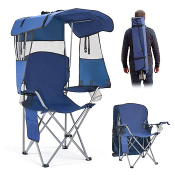 Camping Chair with Canopy Shade, Folding Beach Chair with Canopy & Magazine Pocket, 2 Cup Holders, 330 lbs Heavy Duty Support, Carry Bags for Outdoor, Camp, Fishing, Tailgates, Deep Blue