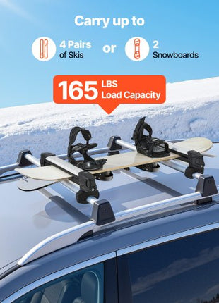 Ski & Snowboard Roof Rack, Carry up to 4 Pairs of Skis or 2 Snowboards, 2 PCS Aluminum Universal Car Roof Rack Top Holder with Lock & Rubber Padding, Carrier for Fishing Rod, Fit Most Crossbars
