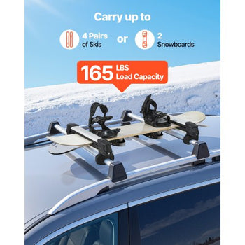 Ski & Snowboard Roof Rack, Carry up to 4 Pairs of Skis or 2 Snowboards, 2 PCS Aluminum Universal Car Roof Rack Top Holder with Lock & Rubber Padding, Carrier for Fishing Rod, Fit Most Crossbars