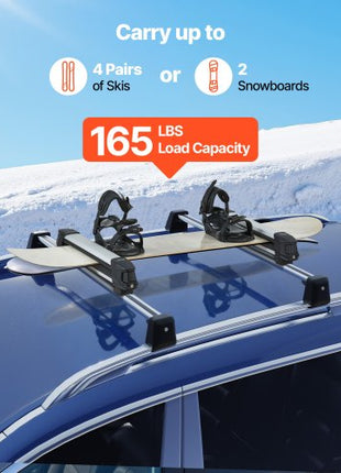 Ski & Snowboard Roof Rack, Carry up to 4 Pairs of Skis or 2 Snowboards, 2 PCS Aluminum Universal Car Roof Rack with Lock & Rubber Padding, Carrier for Fishing Rod, Fit Most Slotted Crossbars